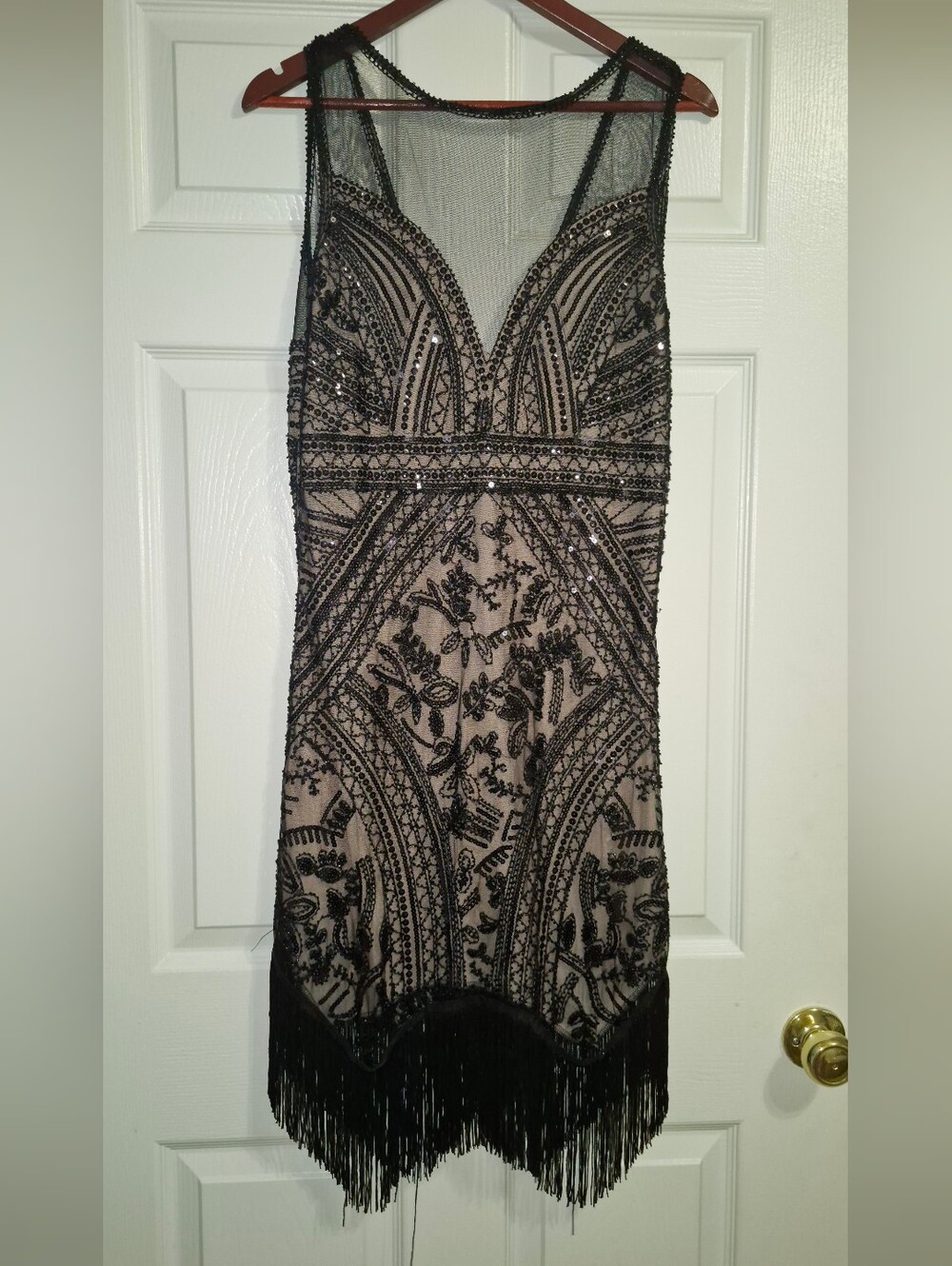 Beaded Black Overlay Sheath Dress with Fringe